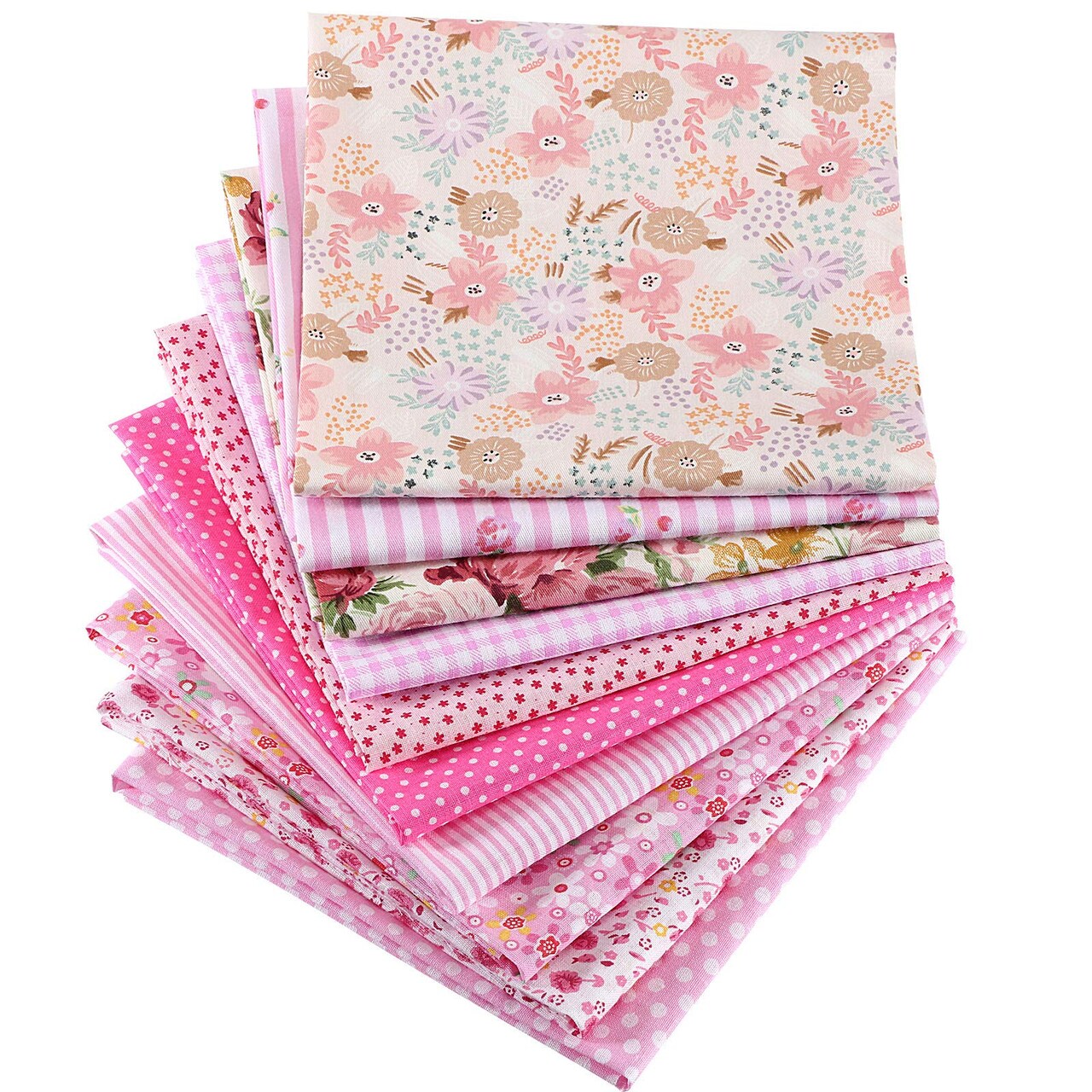 10 Pcs 20'' x 20'' Cotton Fabric Bundles, Pink Quilting Patchwork Pre-Cut Squares, Floral, Stripes, Gingham, Polka Dots Prints, Sewing Fabrics for DIY Handmade Crafting Home Party Decorations